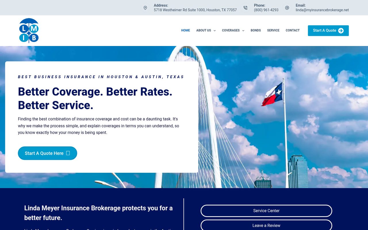 Linda Meyer Insurance Brokerage website homepage, Houston, TX