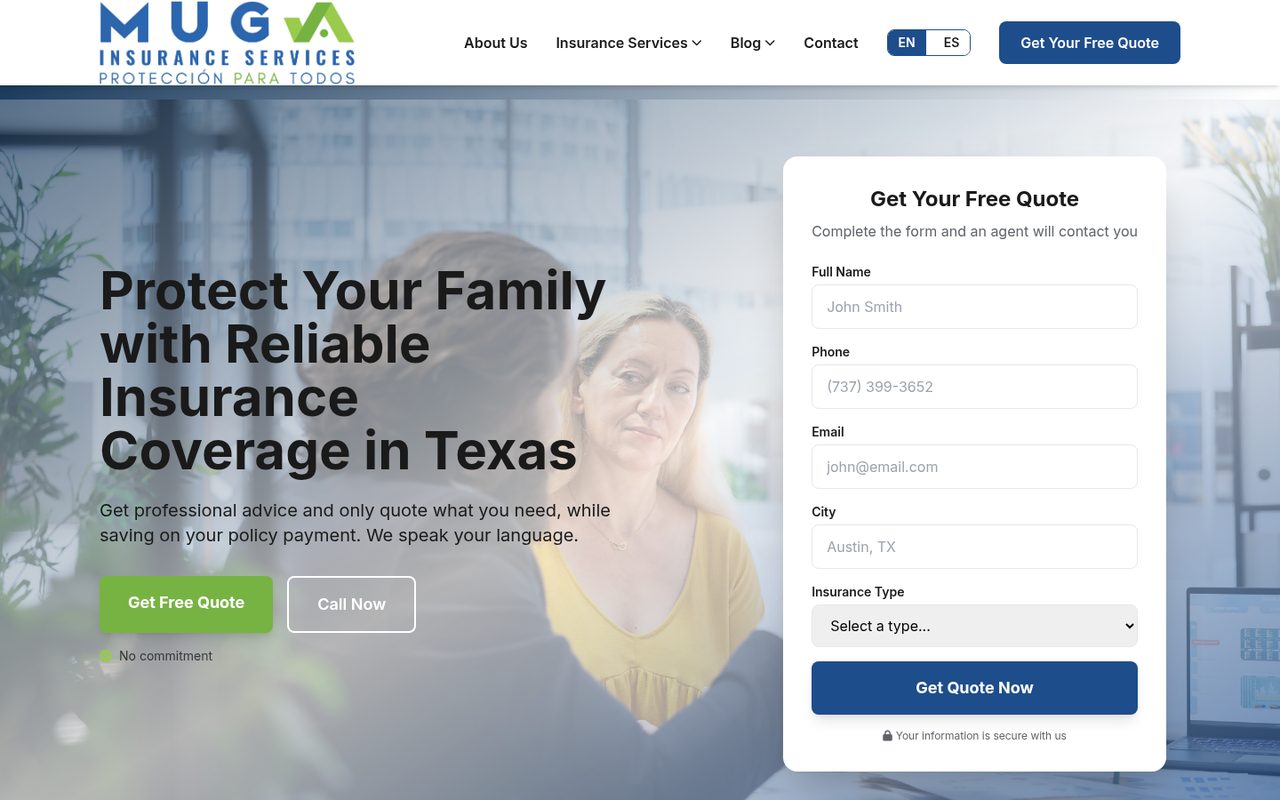 MUGA Insurance Services website homepage, Austin, TX