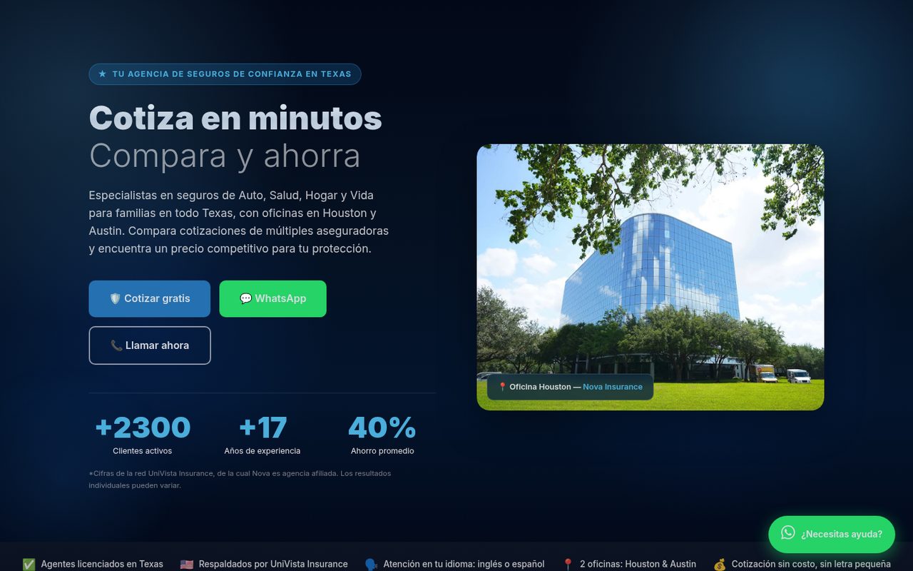 Nova Insurance & Financial Group website homepage, Austin, TX