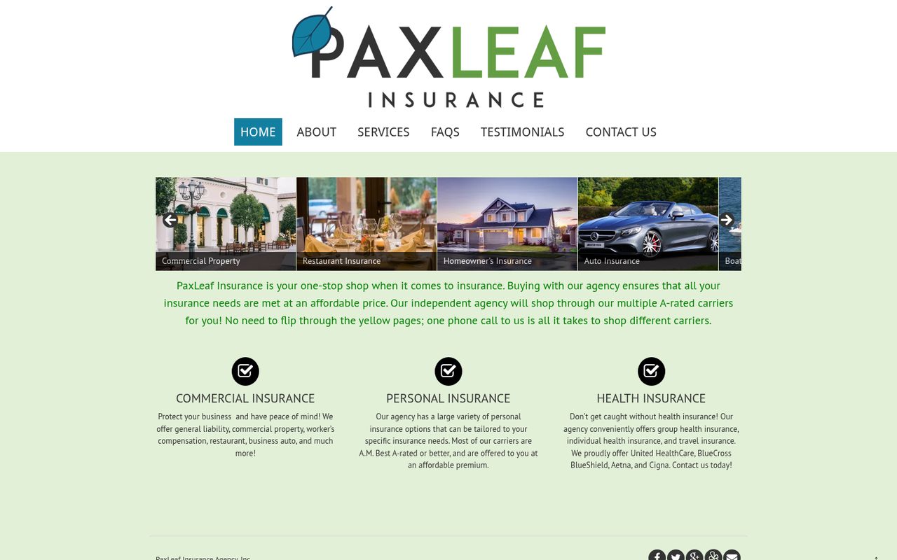PaxLeaf Insurance website homepage, Houston, TX