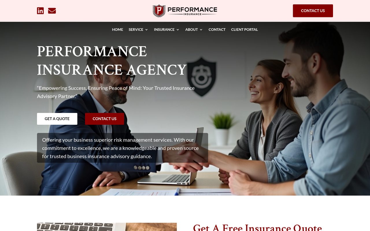 Performance Insurance Agency website homepage, Dallas, TX