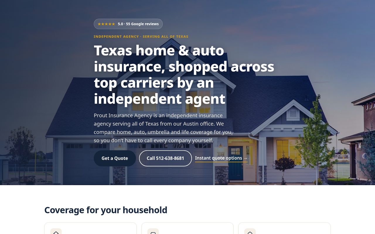 Prout Insurance Agency website homepage, Austin, TX