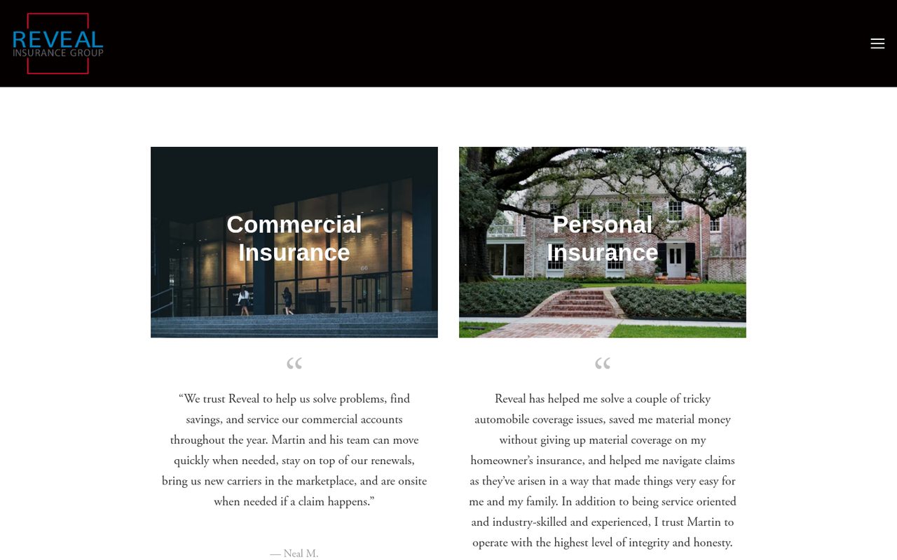 Reveal Insurance Group, LP website homepage, Dallas, TX