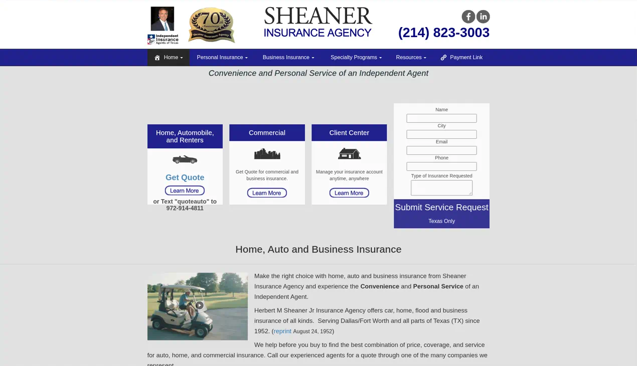 Sheaner Insurance Agency website homepage, Dallas, TX