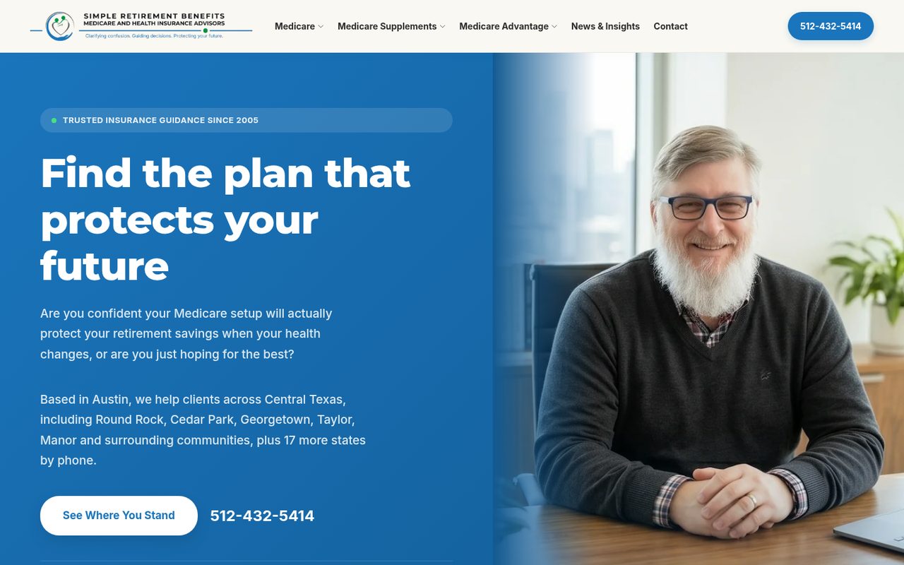 Simple Retirement Benefits, LLC website homepage, Austin, TX