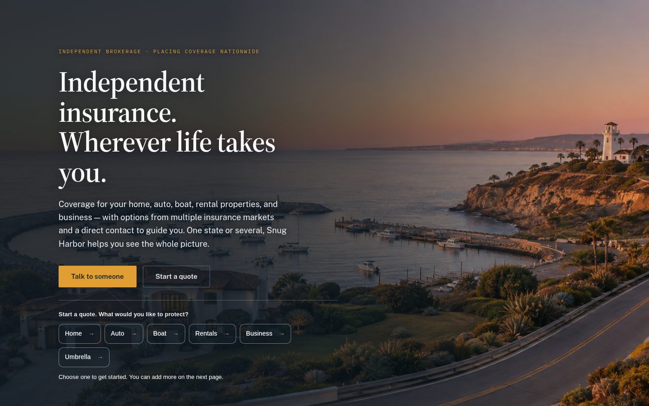 Snug Harbor Insurance website homepage, San Antonio, TX