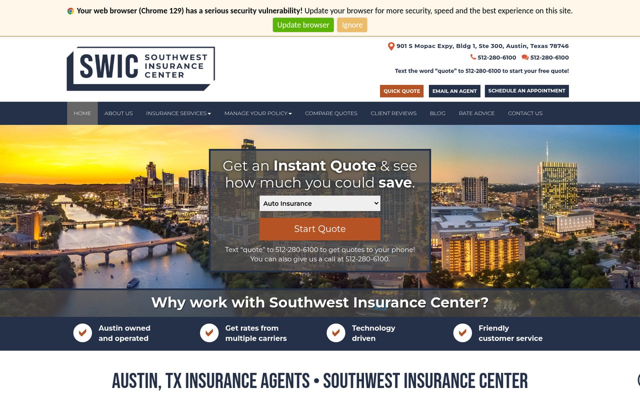Southwest Insurance Center website homepage, Austin, TX