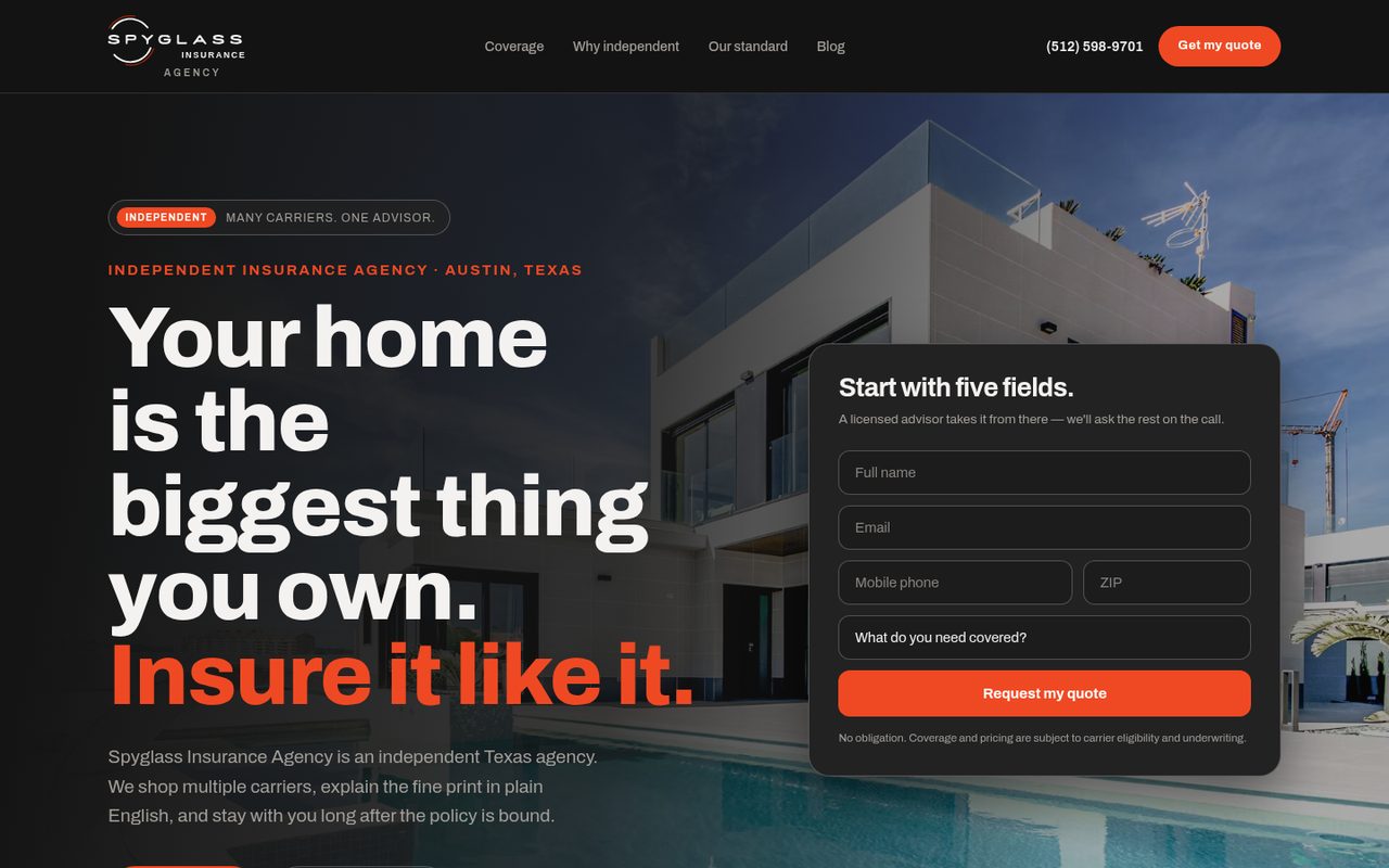 Spyglass Insurance Agency, LLC website homepage, Austin, TX