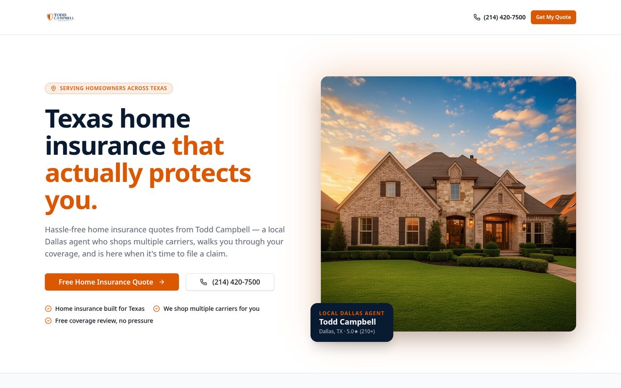 Todd Campbell Agency website homepage, Dallas, TX