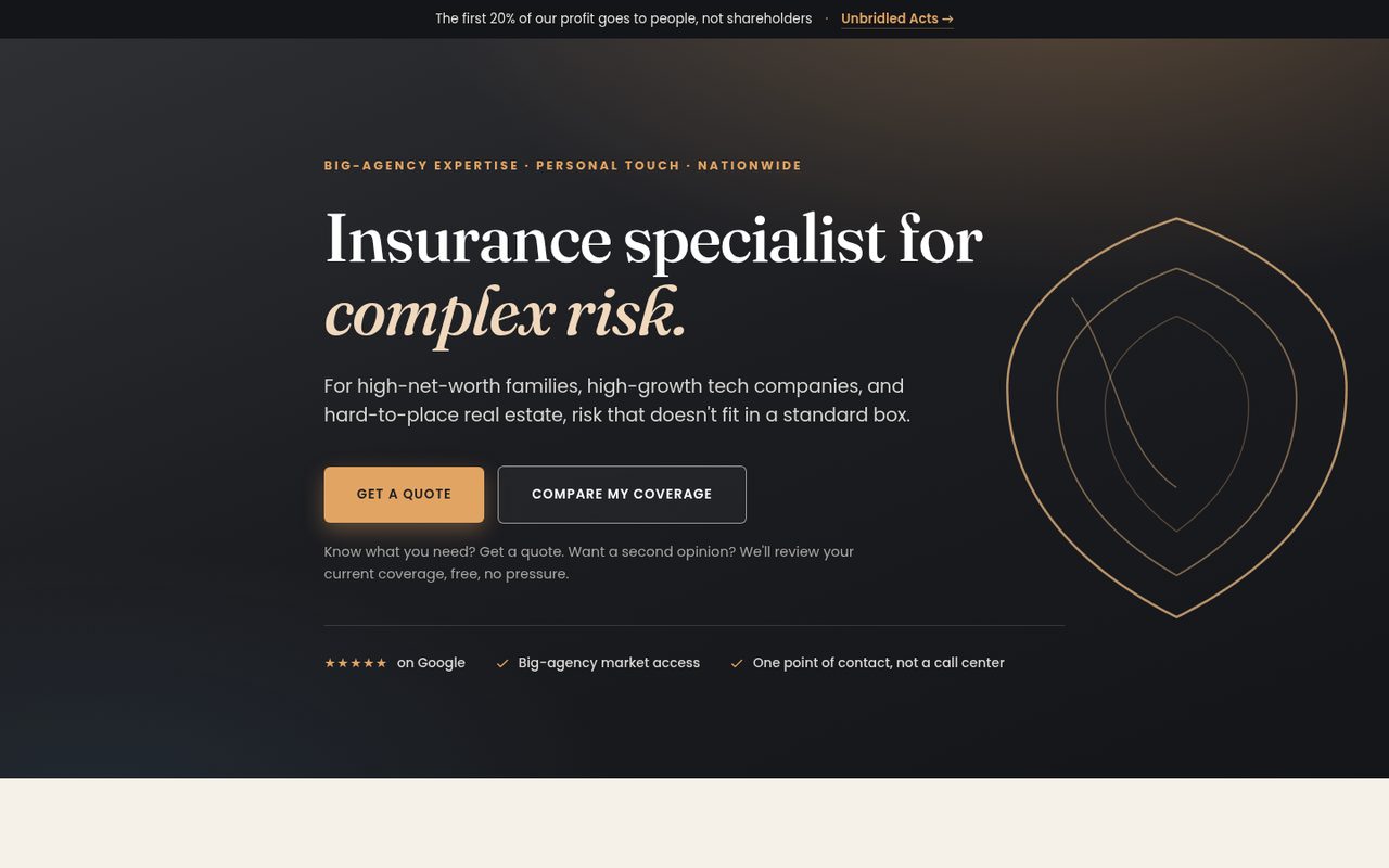 Unbridled Insurance website homepage, Dallas, TX