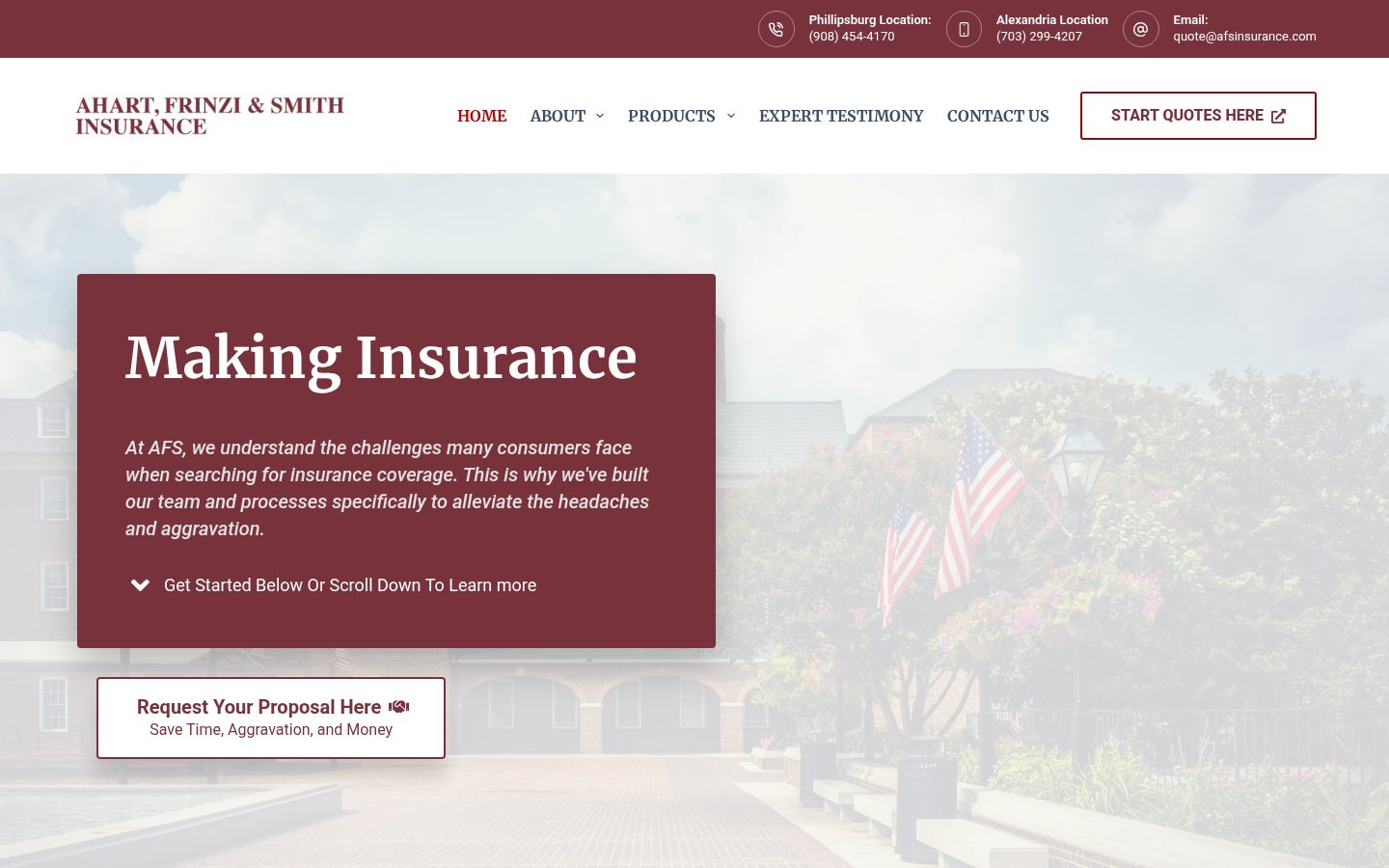 Ahart Frinzi & Smith Insurance website homepage, Alexandria, VA